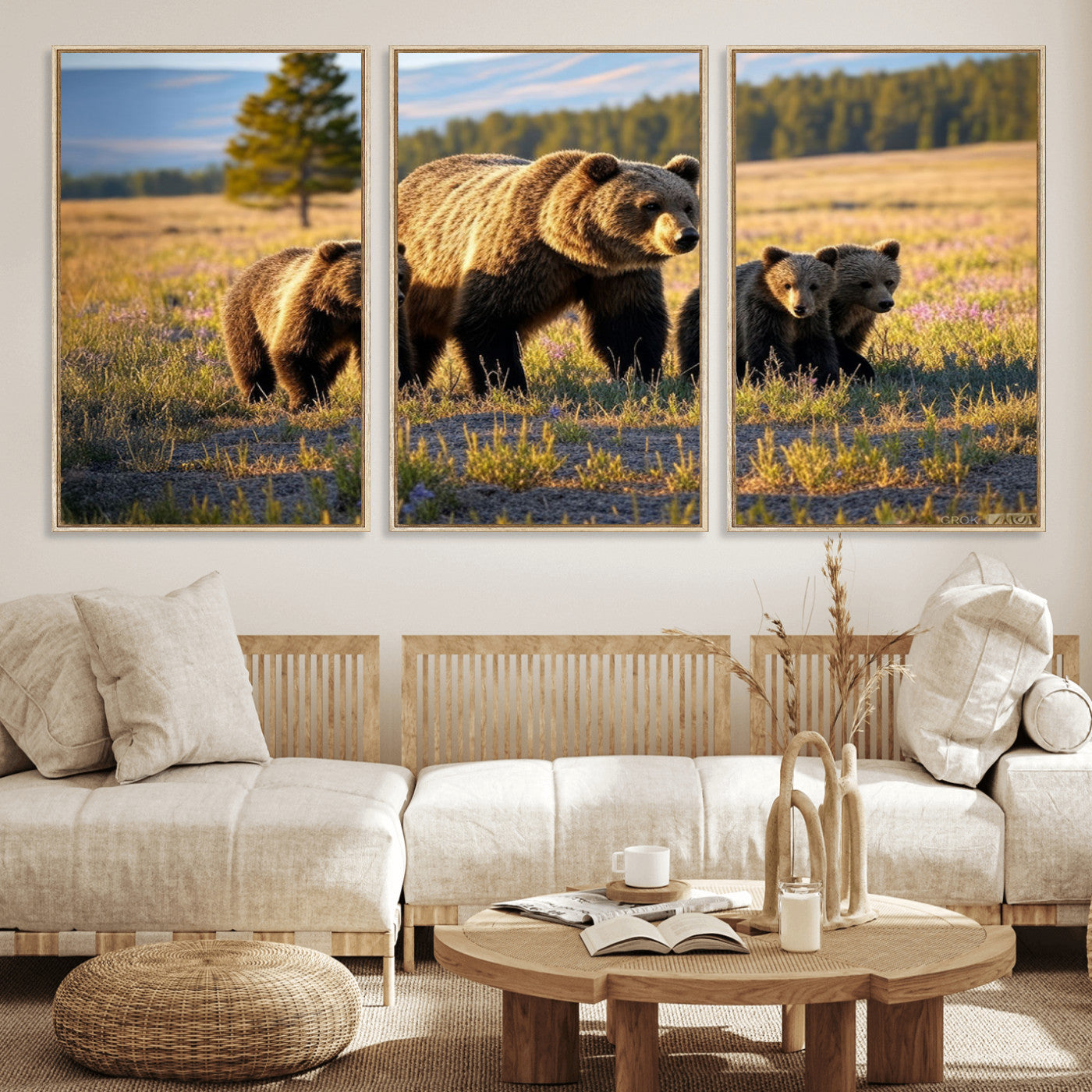 MGV-FC-60X30-3P - Grizzly 399 in Wild Flowers Wall Art Canvas Print, Grizzly Bears Wall Art, Queen of Grand Teton