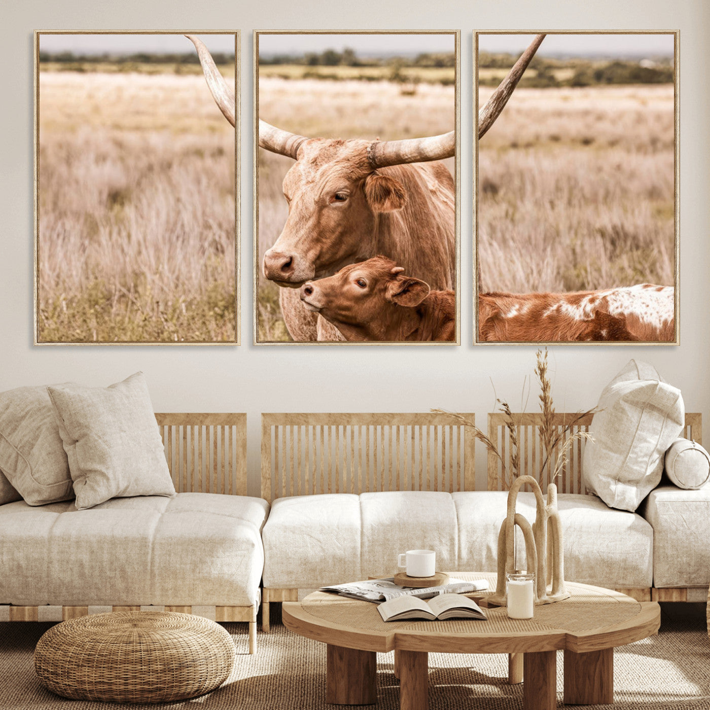 MGV-FC-60X30-3P - Texas Longhorn Cow Wall Art Canvas Print for Farmhouse Wall Art, Texas Decor, Western Wall Art Print