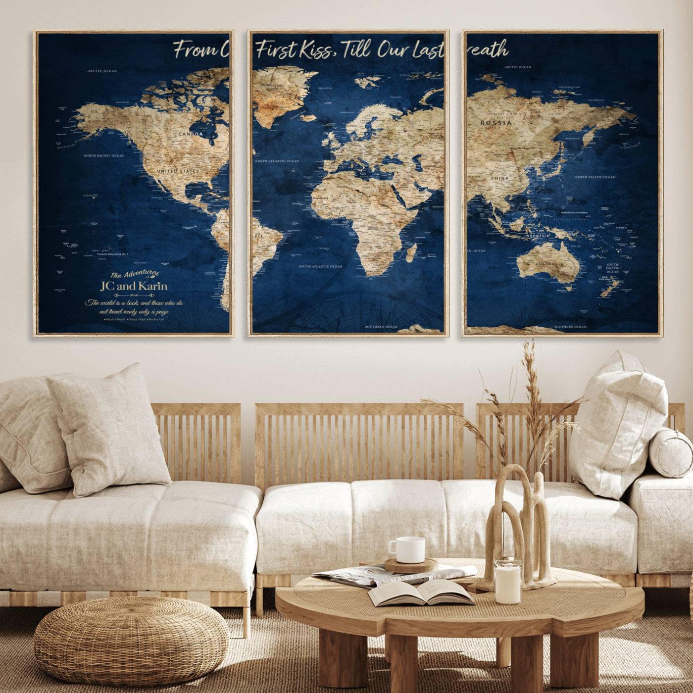 MGV-FC-60X30-3P - Push Pin World Map Canvas Print – Framed Wall Art for Couples to Track Their Travels – Anniversary