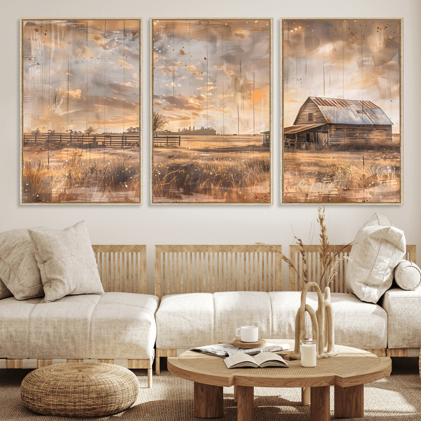MGV-FC-60X30-3P - Rustic Farmhouse Wall Art Canvas Print | Barn and Field Canvas Print | Vintage Country Landscape