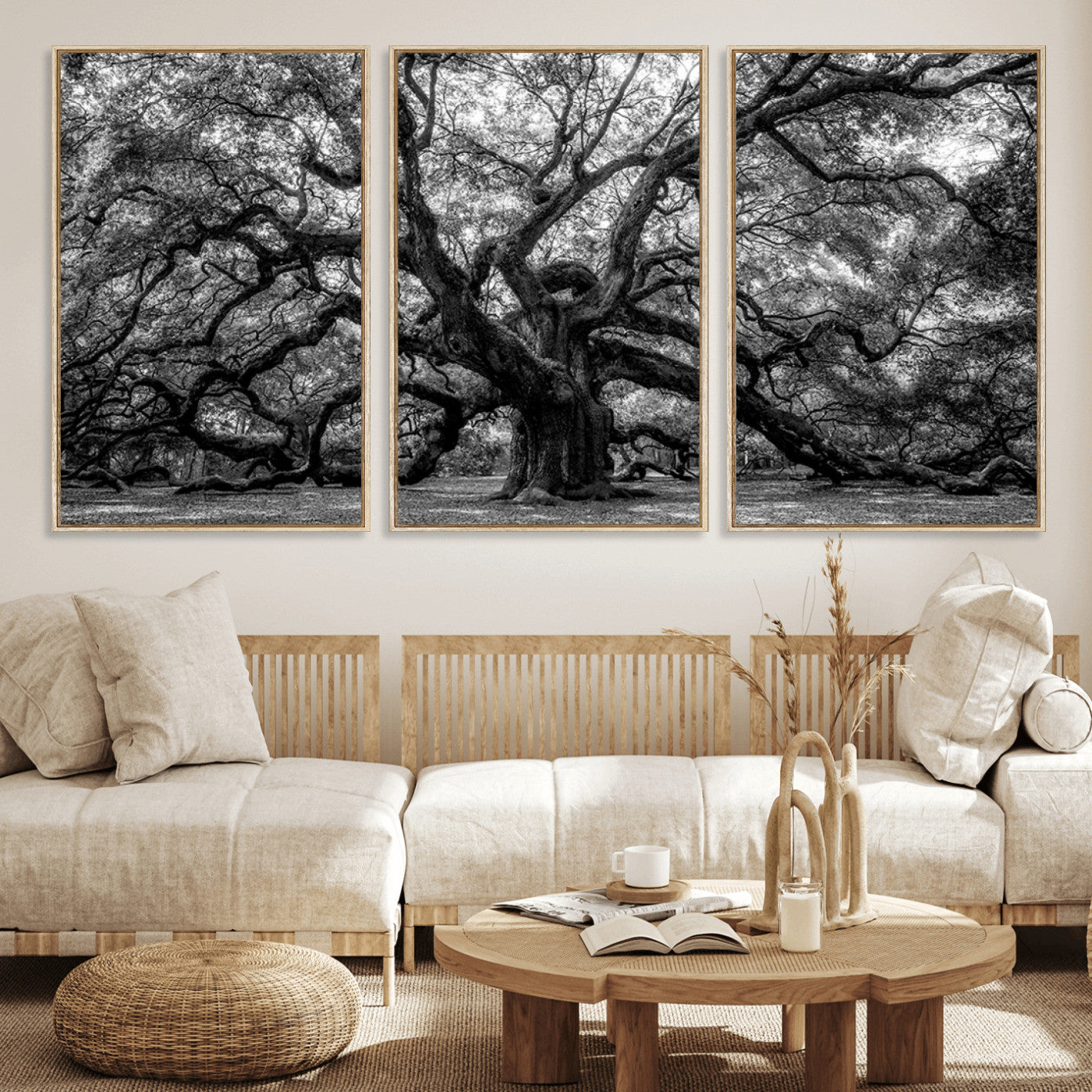 MGV-FC-60X30-3P - Black and White Old Angel Oak Tree Wall Art Canvas Print