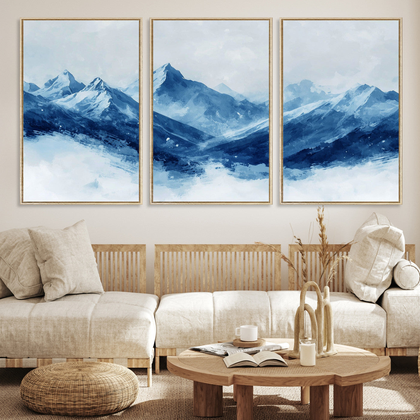 Peaceful watercolor-style painting of snowy blue mountains in soft tones, perfect for winter-themed or minimalist wall decor.
