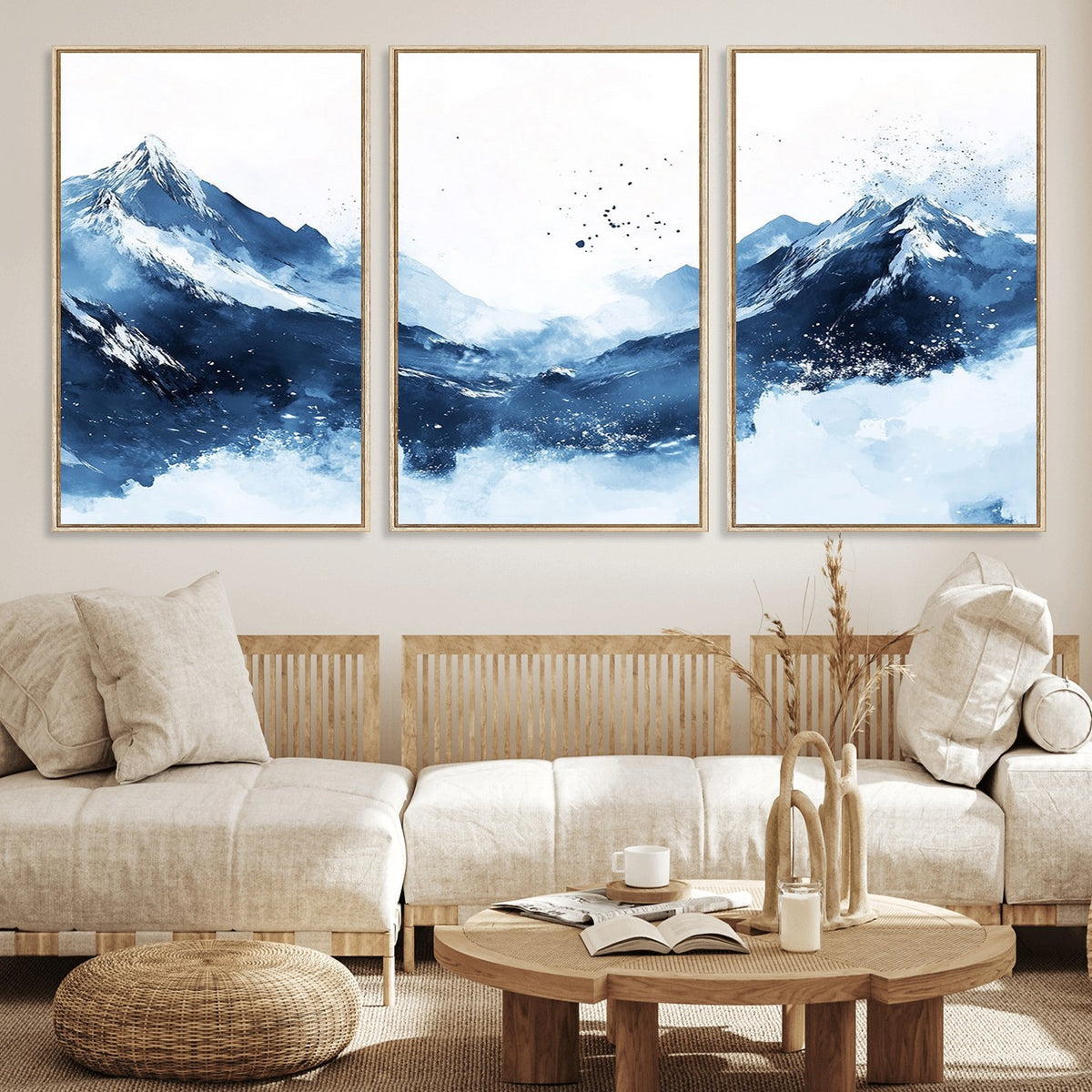 93536-_Poster-30x20 - Abstract Deep Blue Mountain Wall Art Canvas Print, Snowy Blue and White Landscape