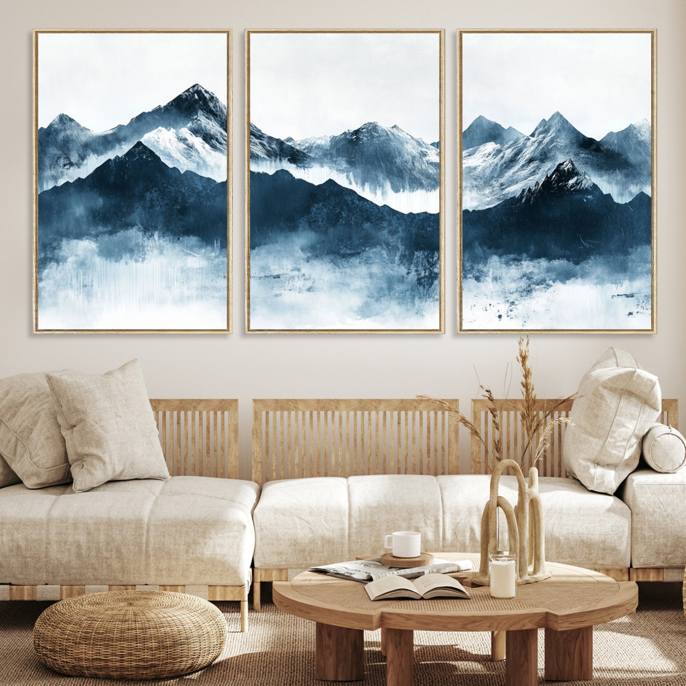 Abstract blue-toned canvas of snowy mountains in misty tones, ideal for minimalist or moody alpine-inspired home decor.