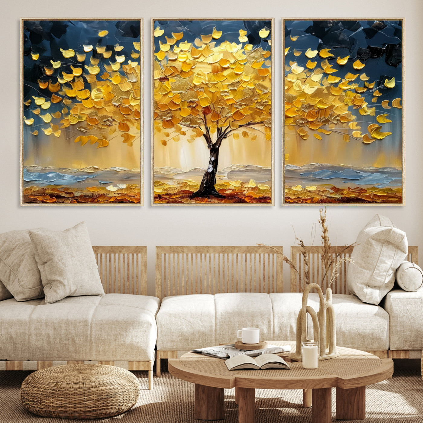 Canvas of a golden autumn tree with textured brushstrokes and moody blue skies, perfect for dramatic and vibrant home decor.
