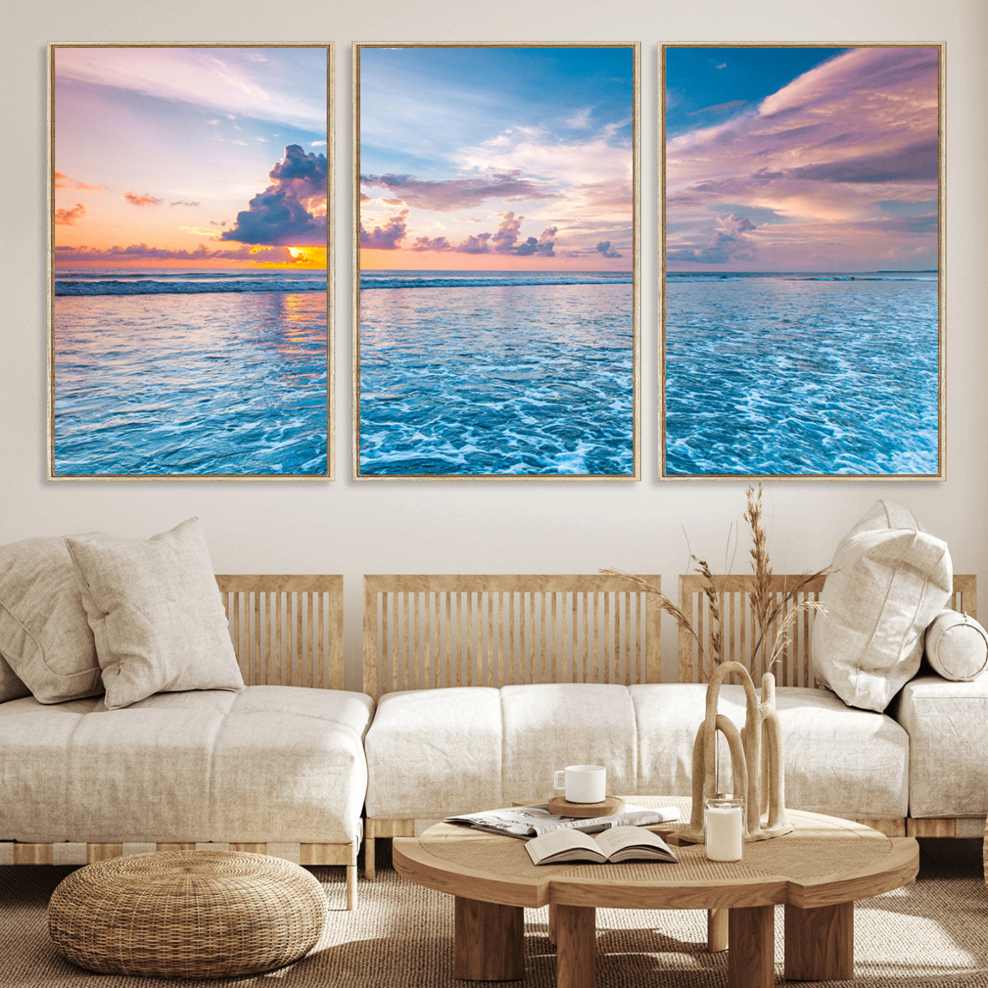 MGV-FC-60X30-3P - Ocean Sunset Canvas Wall Art Print - Tranquil Seascape with Vibrant Sky and Rolling Waves Canvas