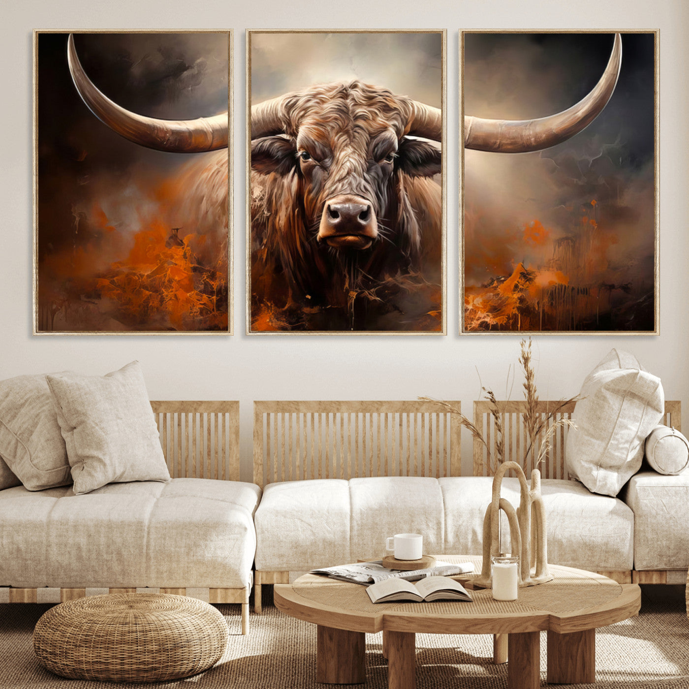 MGV-FC-60X30-3P - Highland Bull Canvas Abstract Canvas Wall Art Print – Powerful Highland Bull with Striking Horns in