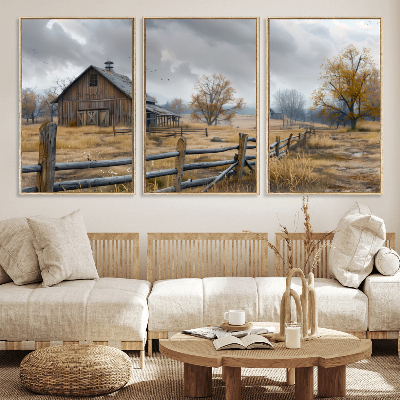 MGV-FC-60X30-3P - Rustic Autumn Farmhouse Wall Art Canvas Print – Serene Countryside Scene with Weathered Barn and
