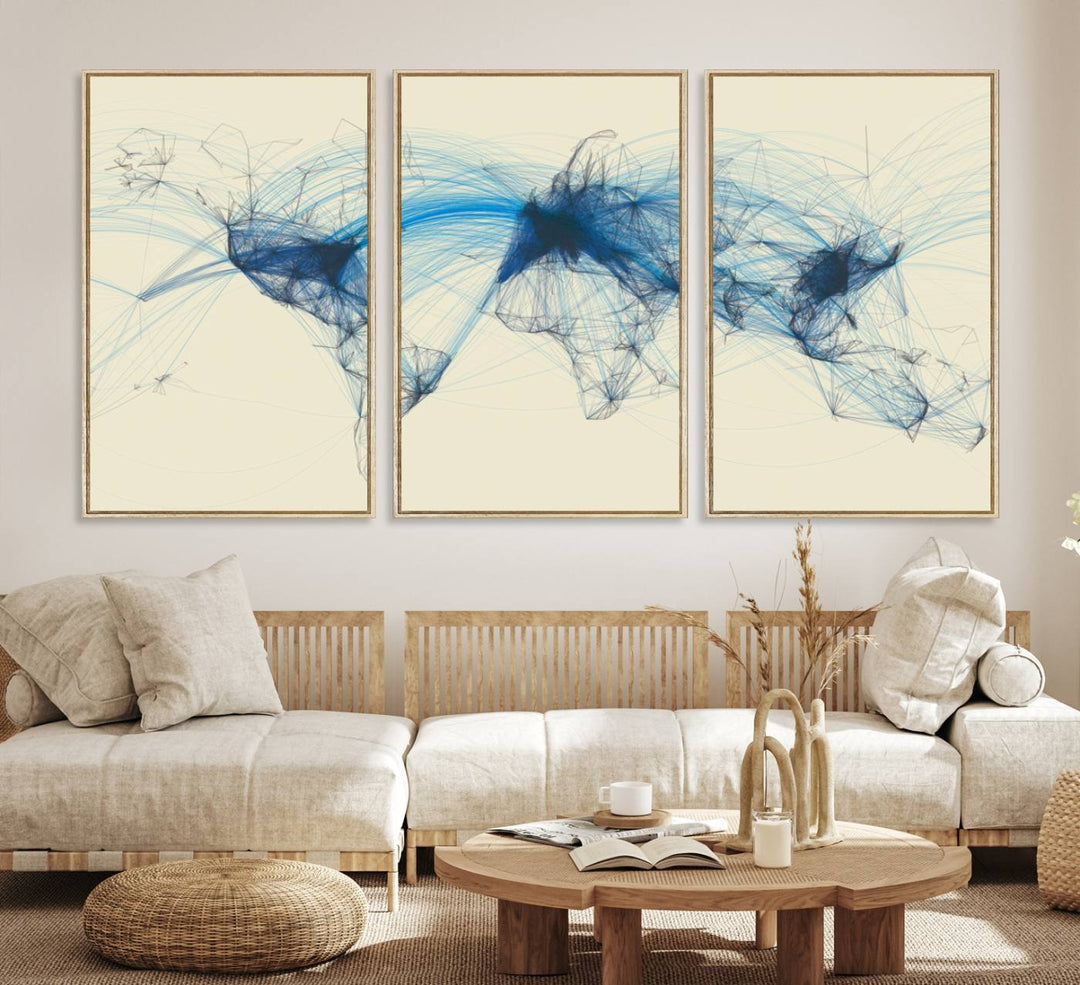 Flight Routes Map: Air Traffic Avi World Map featuring blue lines symbolizing global data. Ideal for home decor and ready to hang.