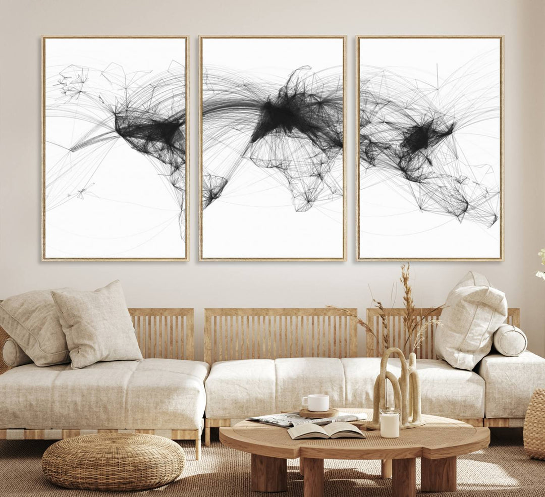 The Flight Routes Air Traffic canvas wall art, framed and ready to hang, is perfect for aviation enthusiasts.