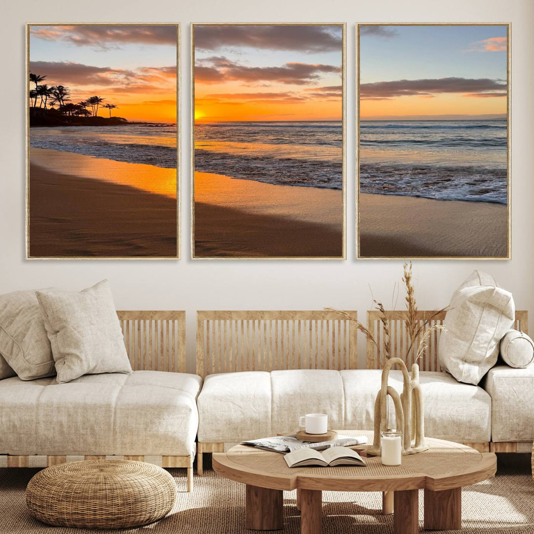 Sunset Wall Art Print featuring a beach sunset with waves and palms, perfect for coastal decor.