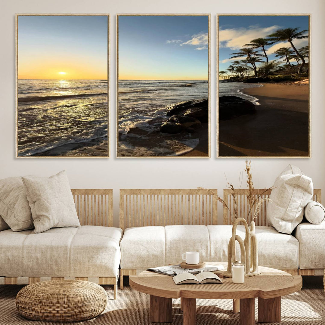 A serene tropical sunset on canvas, featuring palms and waves, serves as perfect Tropical Beach Wall Art for home or office decor.