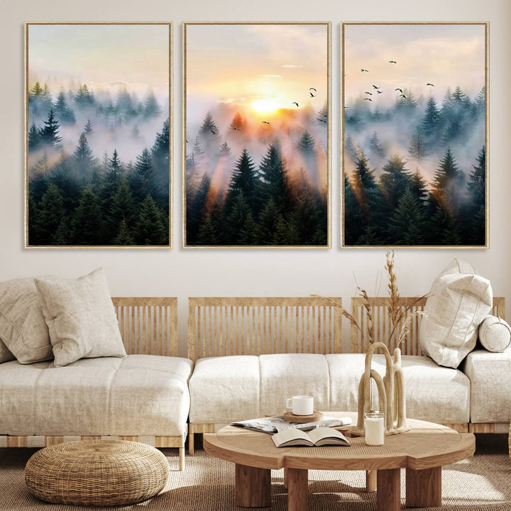 Sunrise over a misty forest with rays filtering through trees in the Abstract Forest Wall Art featuring soaring birds.