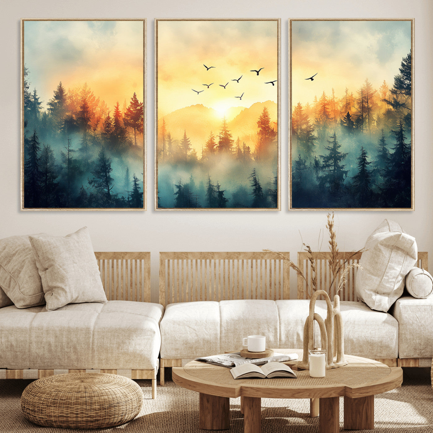 MGV-FC-60X30-3P - Abstract Forest Wall Art Print- Serene Nature Canvas Print with Misty Forest Design for Modern Home