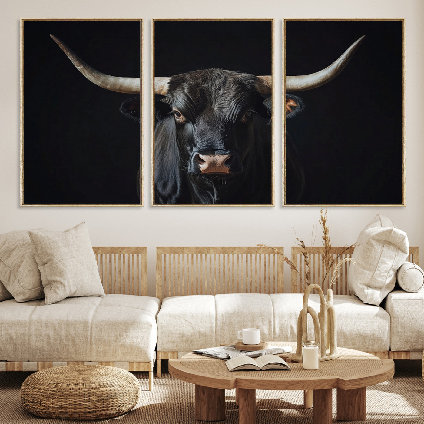 Canvas of a black longhorn bull against a dark background, featuring moody tones and western character for rustic or cowboy-inspired spaces.