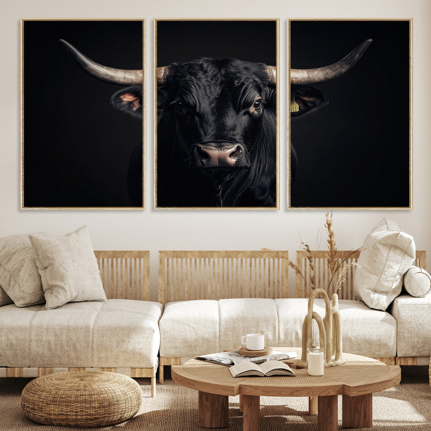 Canvas featuring a black horned bull in moody lighting on a dark background, perfect for western or rustic farmhouse-style home decor.