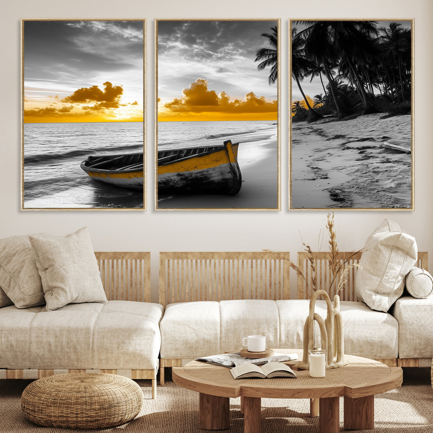 Canvas of a yellow rowboat on a black and white tropical beach with golden sunset sky, ideal for coastal or tropical-themed home decor.