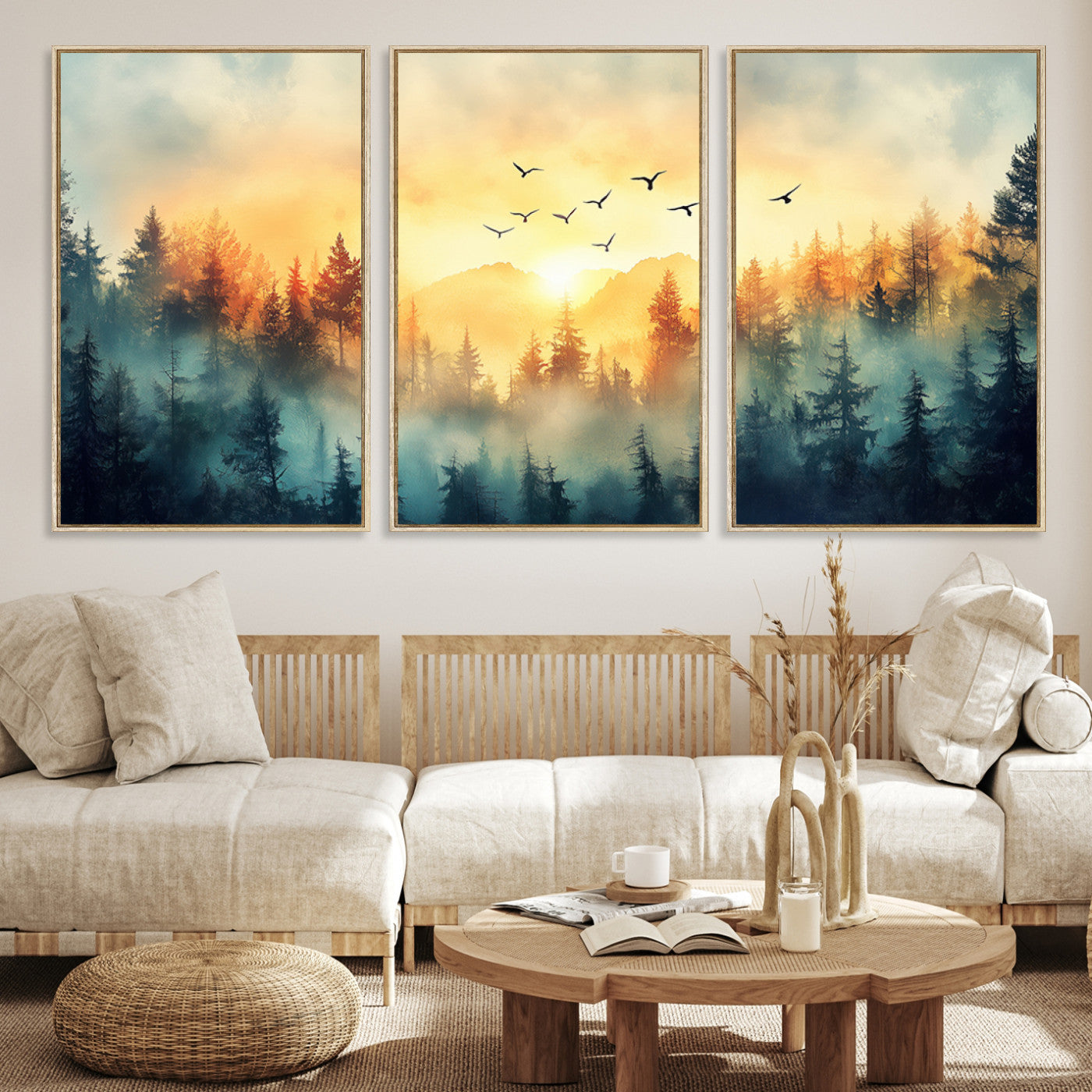 Canvas of a misty pine forest at sunrise with golden light and birds flying across the sky, perfect for tranquil nature-themed wall decor.