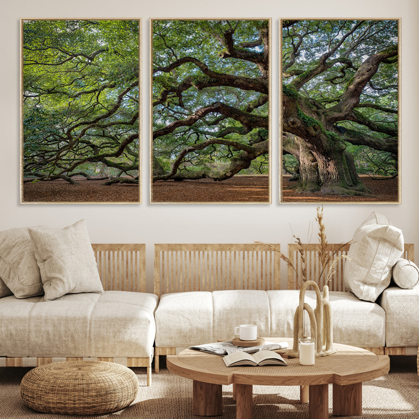 Canvas of the Angel Oak tree with sprawling limbs and mossy bark, ideal for earthy natural or rustic southern-inspired decor.