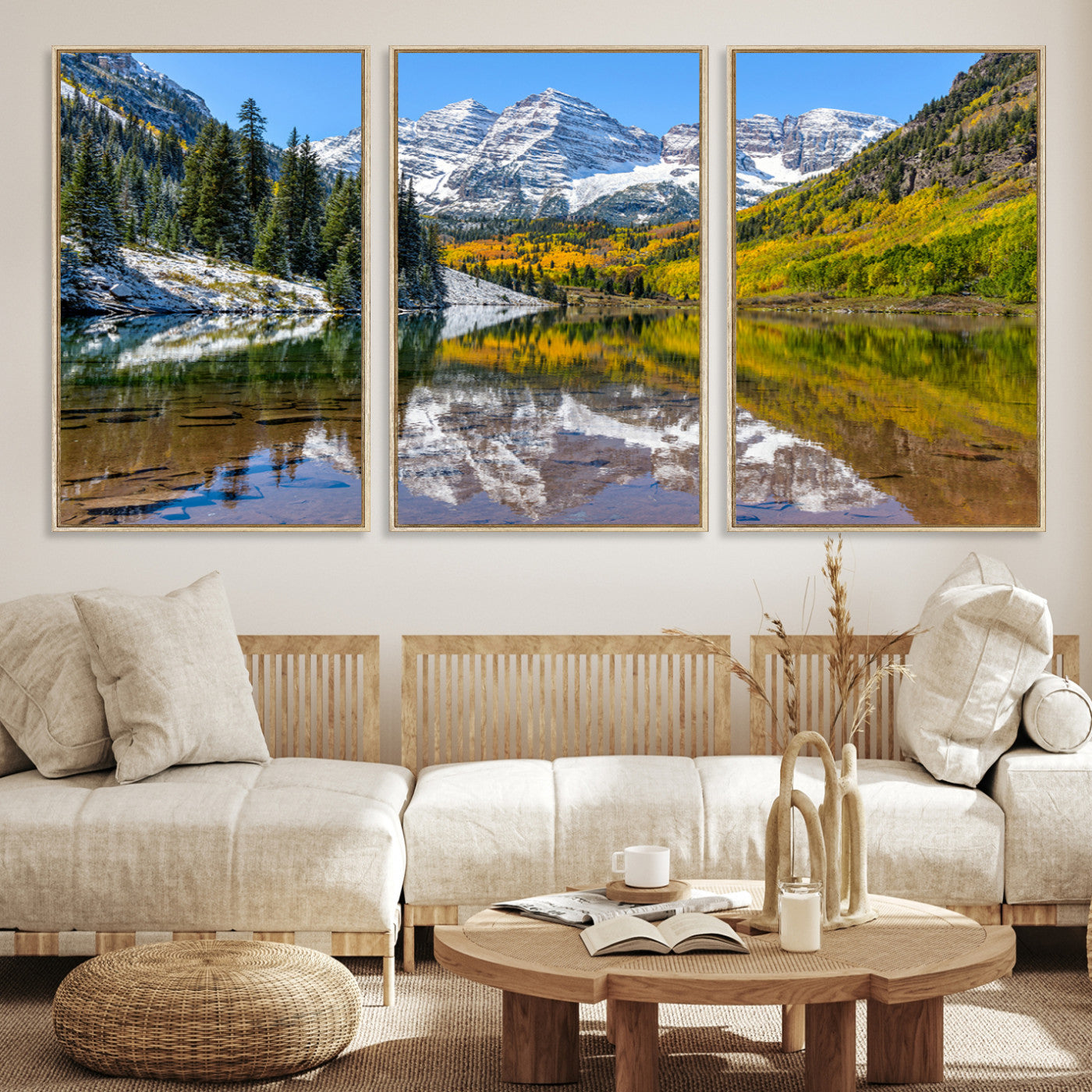 Canvas of Maroon Bells reflected in a clear alpine lake, with golden aspens and snowy peaks, ideal for crisp autumn or mountain-themed decor.