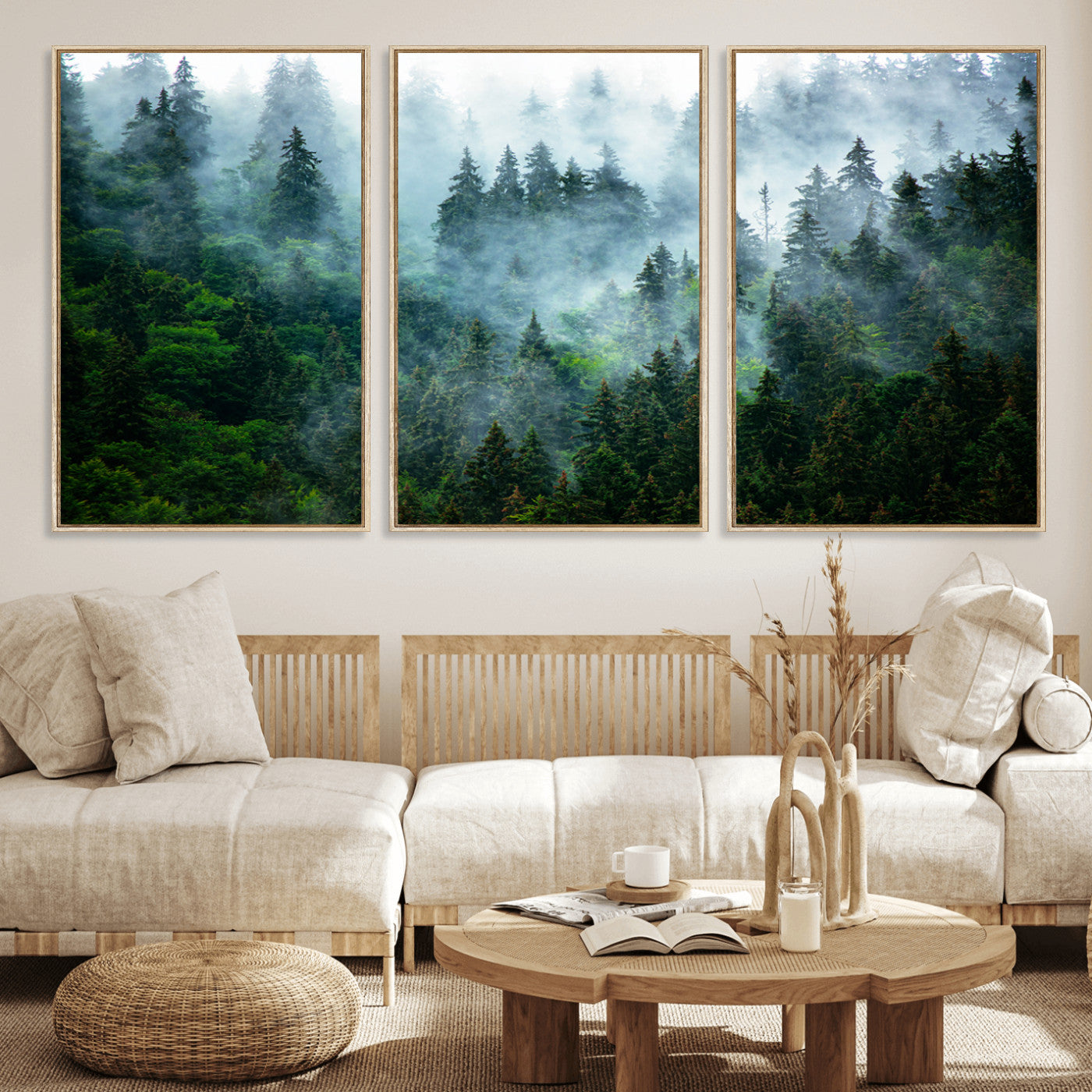 MGV-FC-60X30-3P - Misty Forest Art Wall Art Canvas Print, Framed Foggy Mountain Art Art Picture Print, Scenic Wall