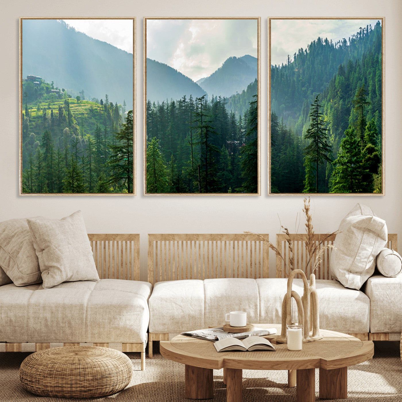 MGV-FC-60X30-3P - Misty Forest Mountain Canvas Print – Serene Nature Wall Art, Tranquil Valley