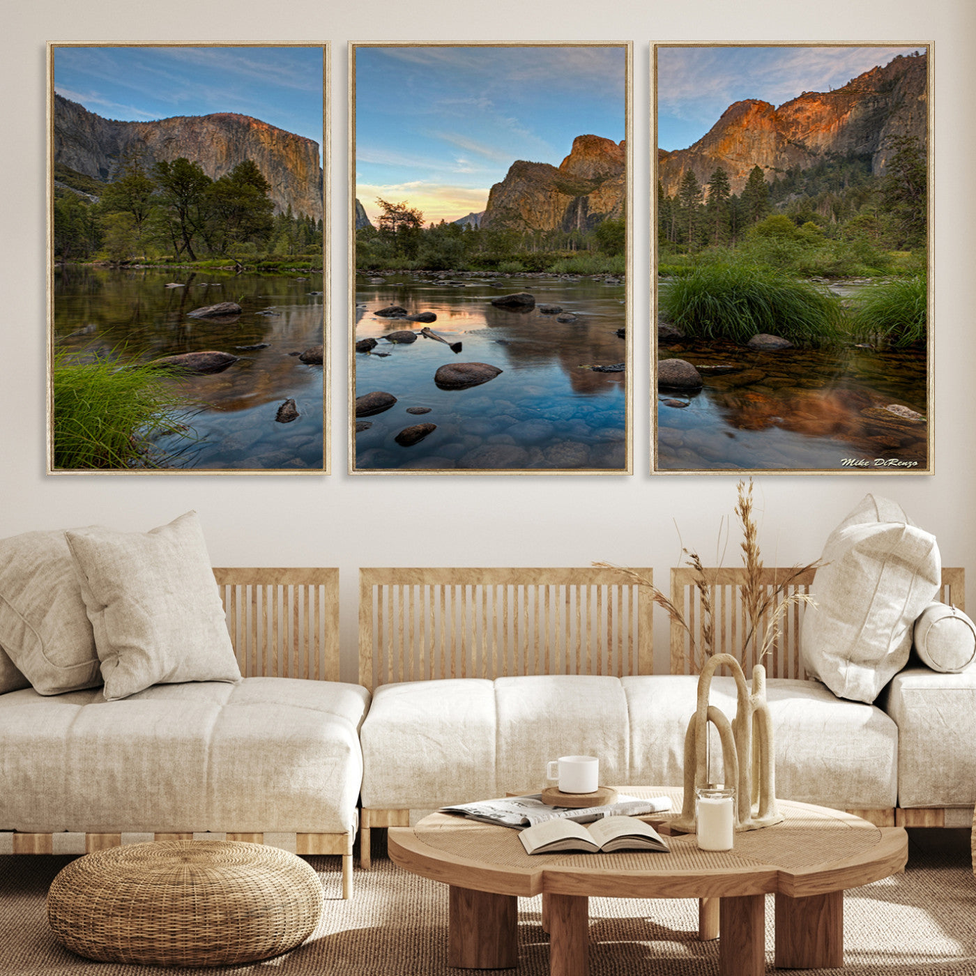 Canvas of Yosemite Valley with El Capitan and sunset reflections in a calm river, perfect for rustic or nature-themed décor.