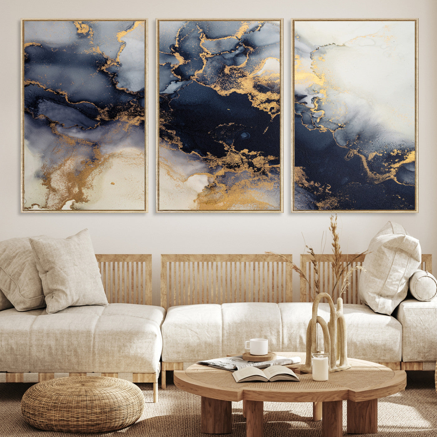 Luxurious abstract canvas in black and gold with moody fluid textures and smoky patterns, perfect for dramatic modern interiors.