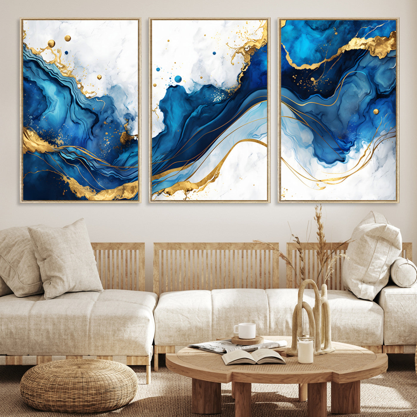 Elegant abstract canvas in cobalt blue and gold tones, featuring marble waves and fluid motion, ideal for luxe interior styling.