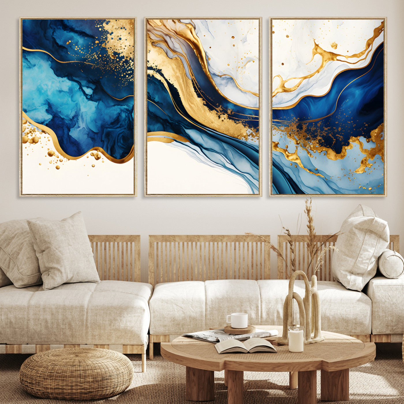 Canvas artwork with fluid blue and gold marbling, perfect for modern luxe or elegant abstract home decor styles.