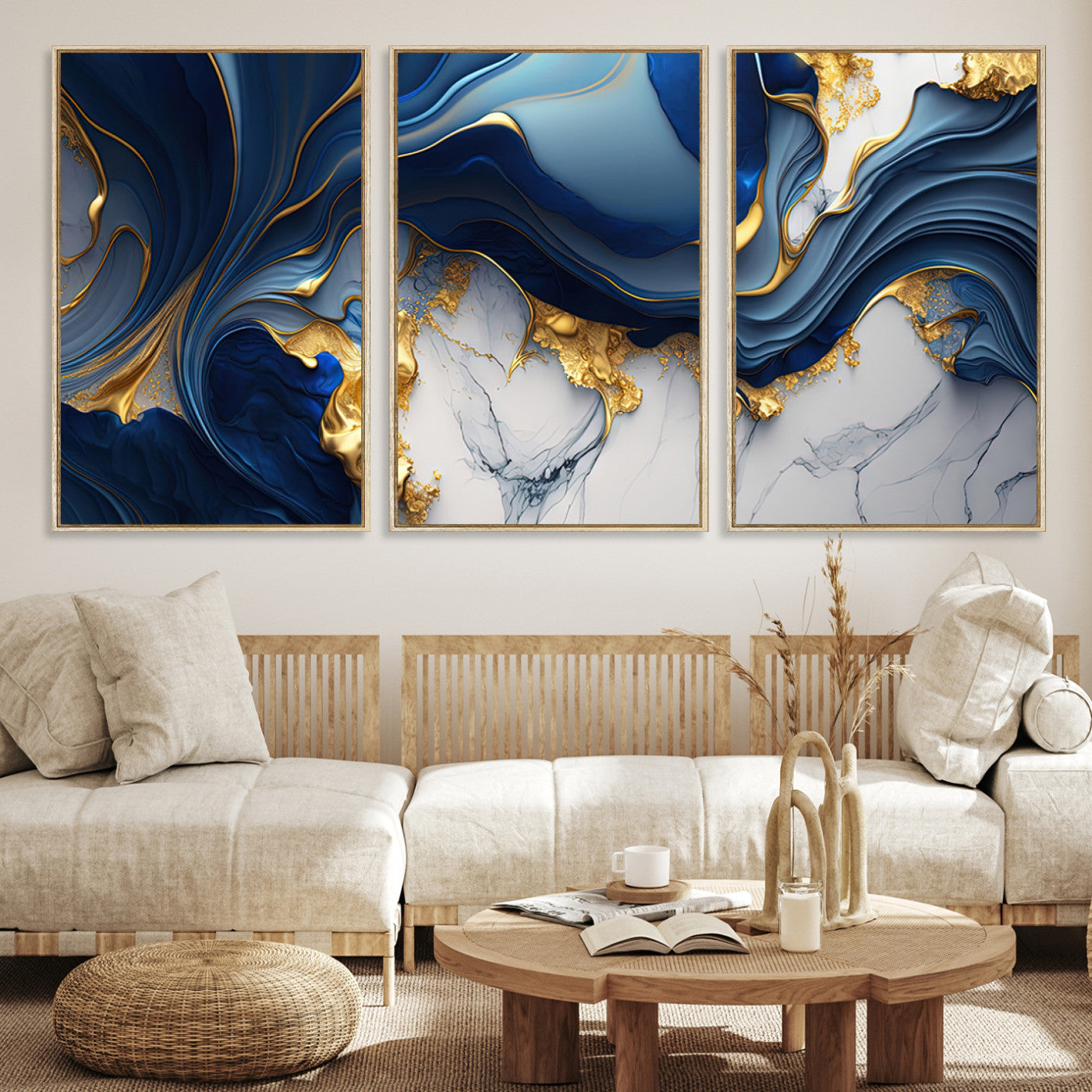 Canvas art with swirling blue marble and gold textures, ideal for elegant glam or modern luxury interior design settings.