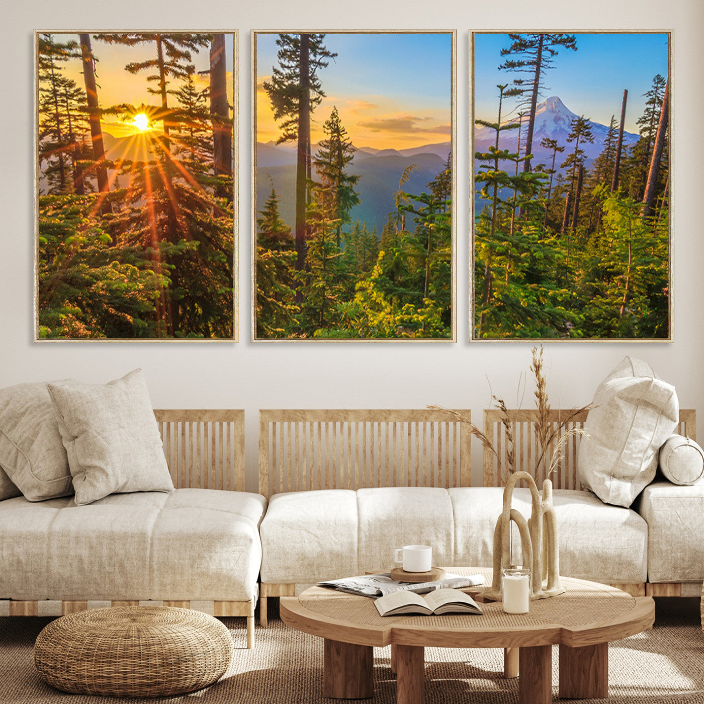 Colorful canvas of Mount Hood and Oregon forest at sunset, featuring sunburst light and lush pine trees for rustic nature decor.