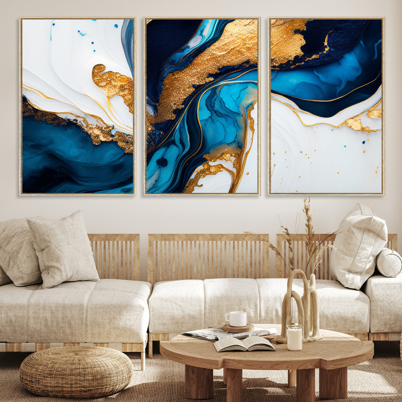 Luxurious abstract canvas in gold, navy, and teal tones with fluid marble patterns, perfect for modern glam or upscale interiors.