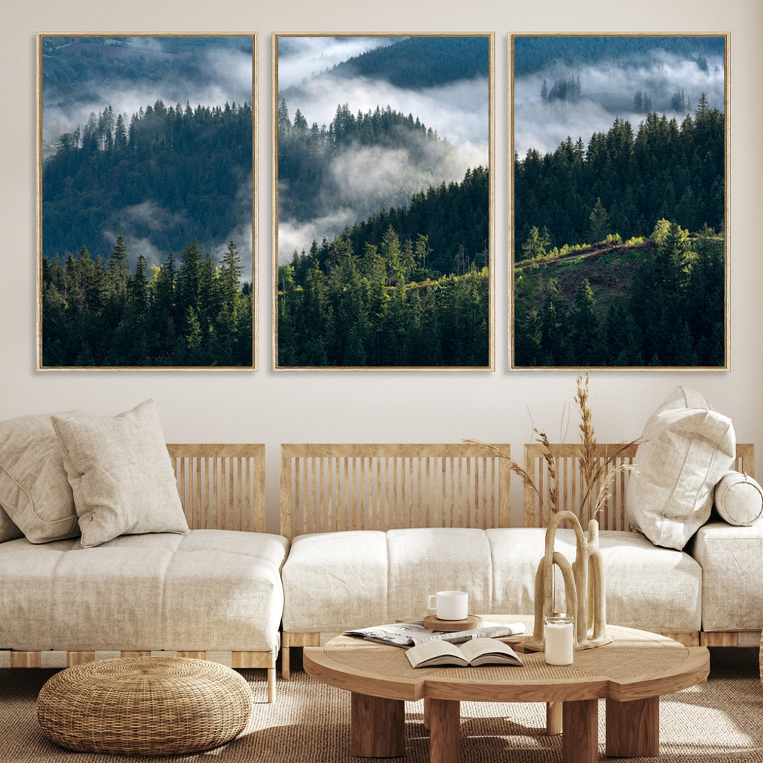 Moody canvas of misty pine forests over layered hills, perfect for cool-toned nature-inspired or woodland-style home decor.