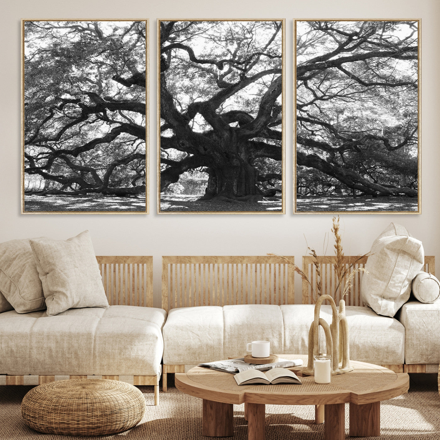 Black and white canvas of an ancient oak tree with sprawling, twisted branches, ideal for moody nature-inspired or rustic decor.