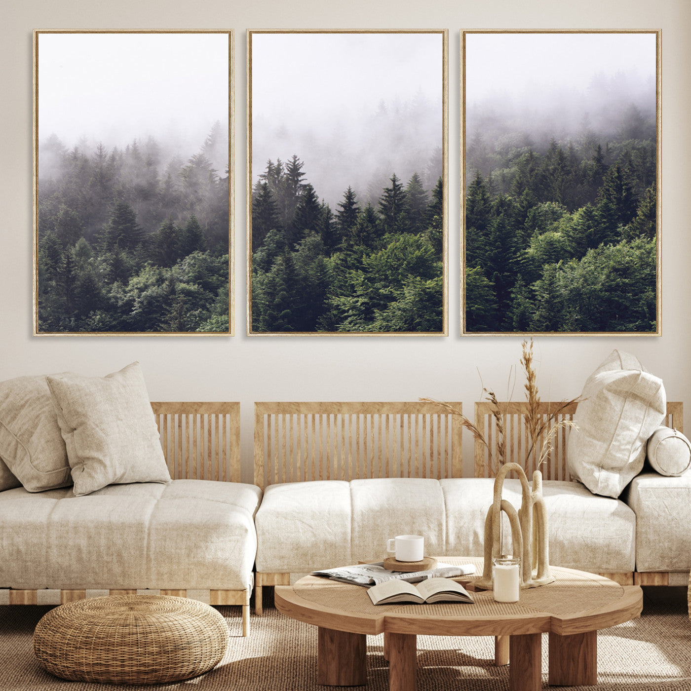 Canvas of dense misty forest in dark green tones, ideal for moody forest or atmospheric woodland-themed home decor.