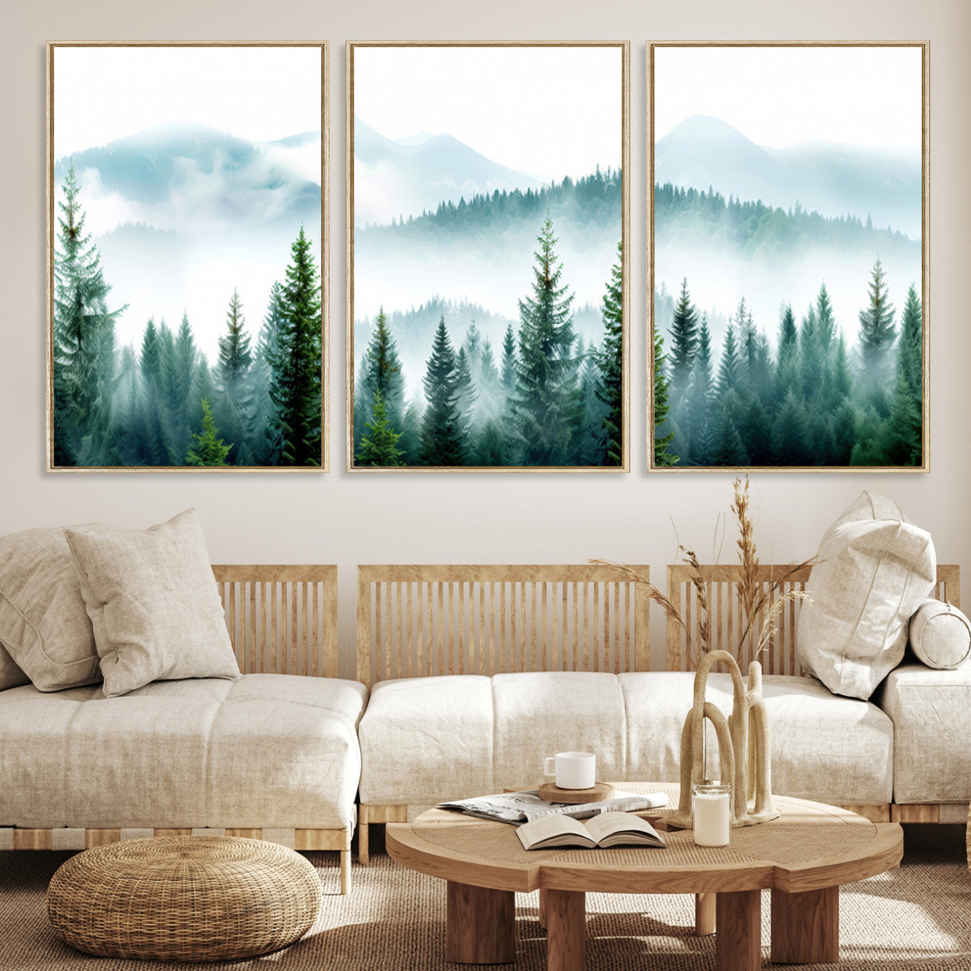 Canvas of pine forest and misty mountain layers in cool tones, perfect for moody forest or serene nature-inspired home decor.