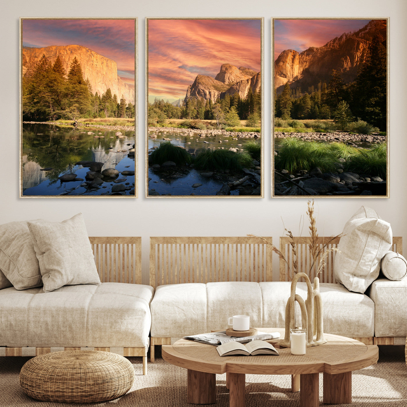 Canvas of Yosemite Valley with El Capitan and sunset sky, featuring vibrant tones ideal for rustic or nature-inspired home decor.