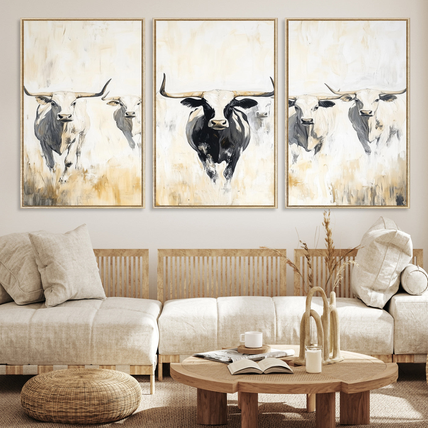 40397799-MGV-CV-36X24-Texas Longhorn Canvas Print, Framed Rustic Herd Art Picture Print, Western Bull Perfect Neutral Western Decor