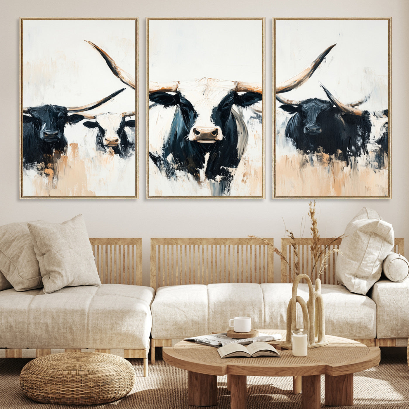 94780606-MGV-CV-36X24-Texas Longhorn Wall Art Canvas Print, Framed Western Cattle Art Picture Print, Horned Bull Perfect Rustic Western Decor, Western Cattle