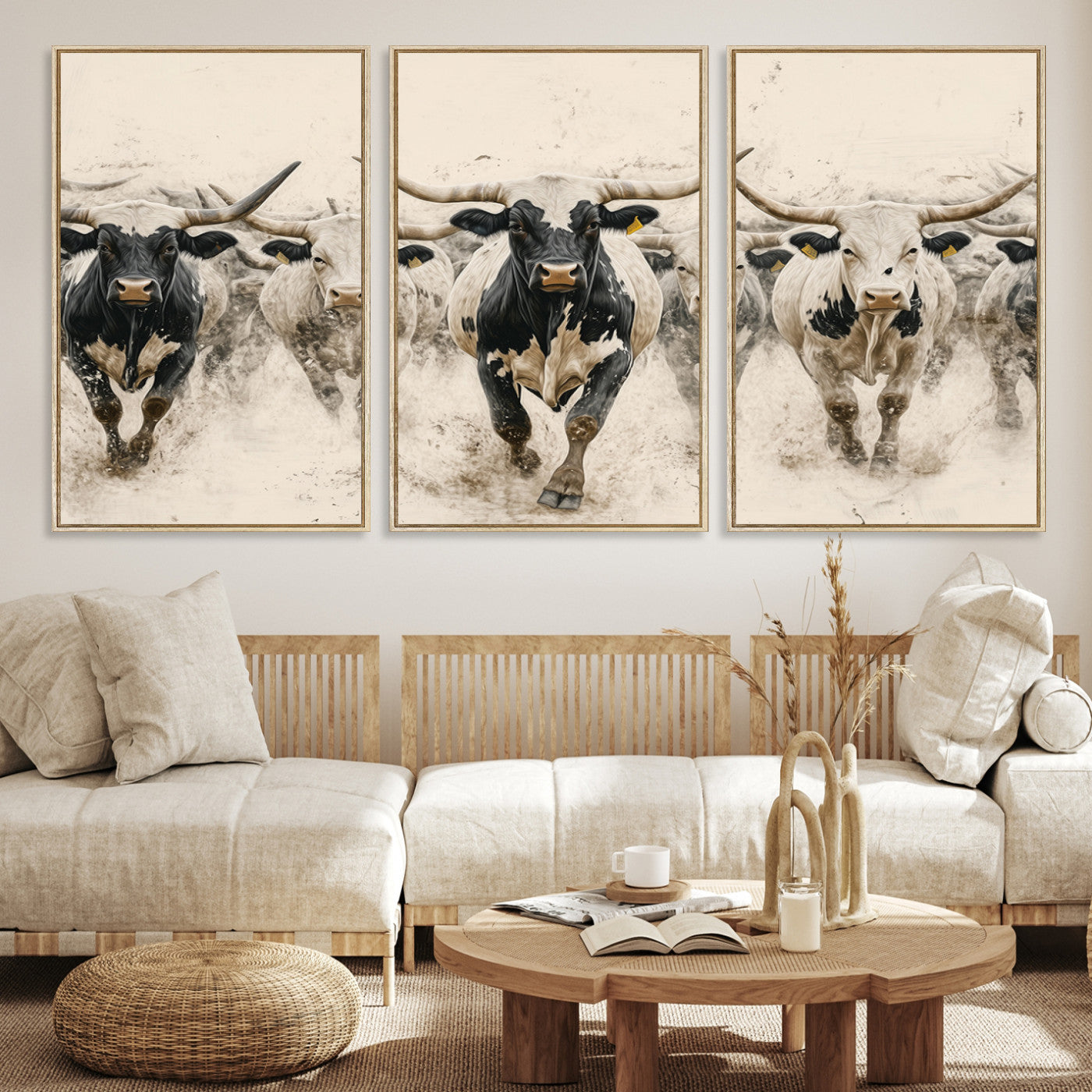 Canvas artwork of Texas Longhorn bulls walking in a dusty herd, ideal for rustic Western or country-style interior decor.