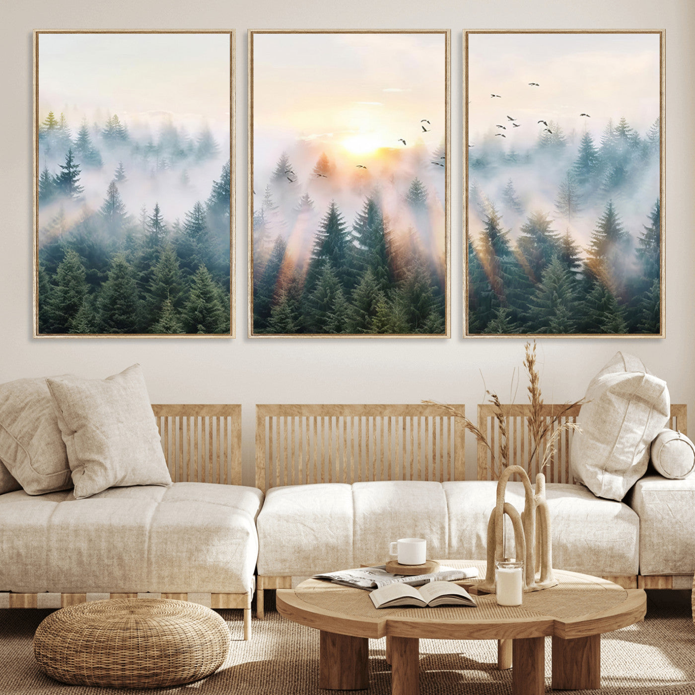 MGV-FC-60X30-3P - Misty Pine Forest Wall Art Canvas, Sunrise Over Foggy Trees Canvas for Home - Office, Framed