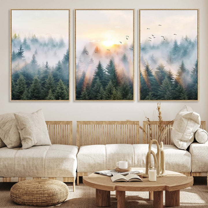 Misty Pine Forest Wall Art: A depiction of sunrise over foggy trees and birds against a bright sky; a framed woodland scene ideal for home or office decor.