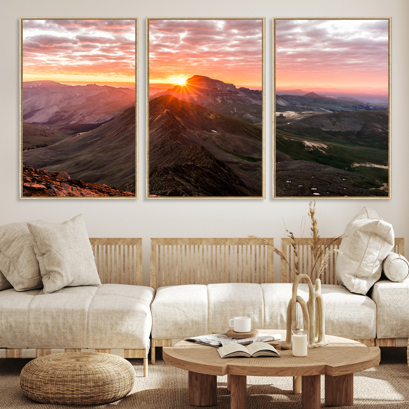 Canvas showing a mountain ridge at sunrise with golden light and dramatic clouds, perfect for nature or rustic-inspired wall decor.