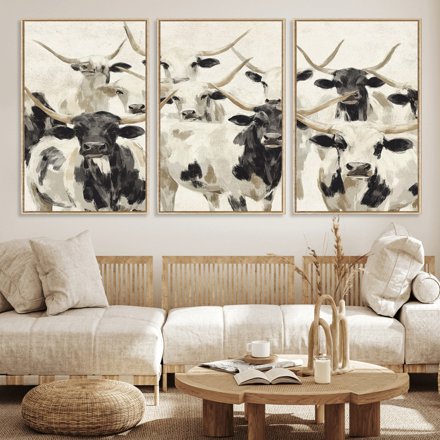MGV-FC-60X30-3P - Longhorn Texas Cow Drawing Abstract Wall Art Canvas Print for Farmhouse Decor, Texas Bull Printing
