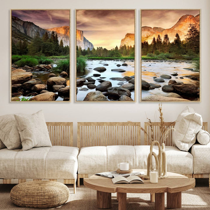 A tranquil riverside sunset mirrors the beauty of a Yosemite wall art masterpiece like the Large El Capitan Print.