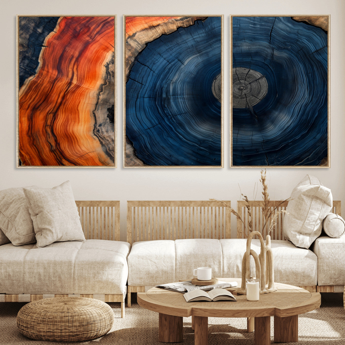 MGV-FC-60X30-3P - Tree Rings Wall Art Canvas Print, Rustic Wood Print, Framed Natural Texture Art Print, Wood Grain
