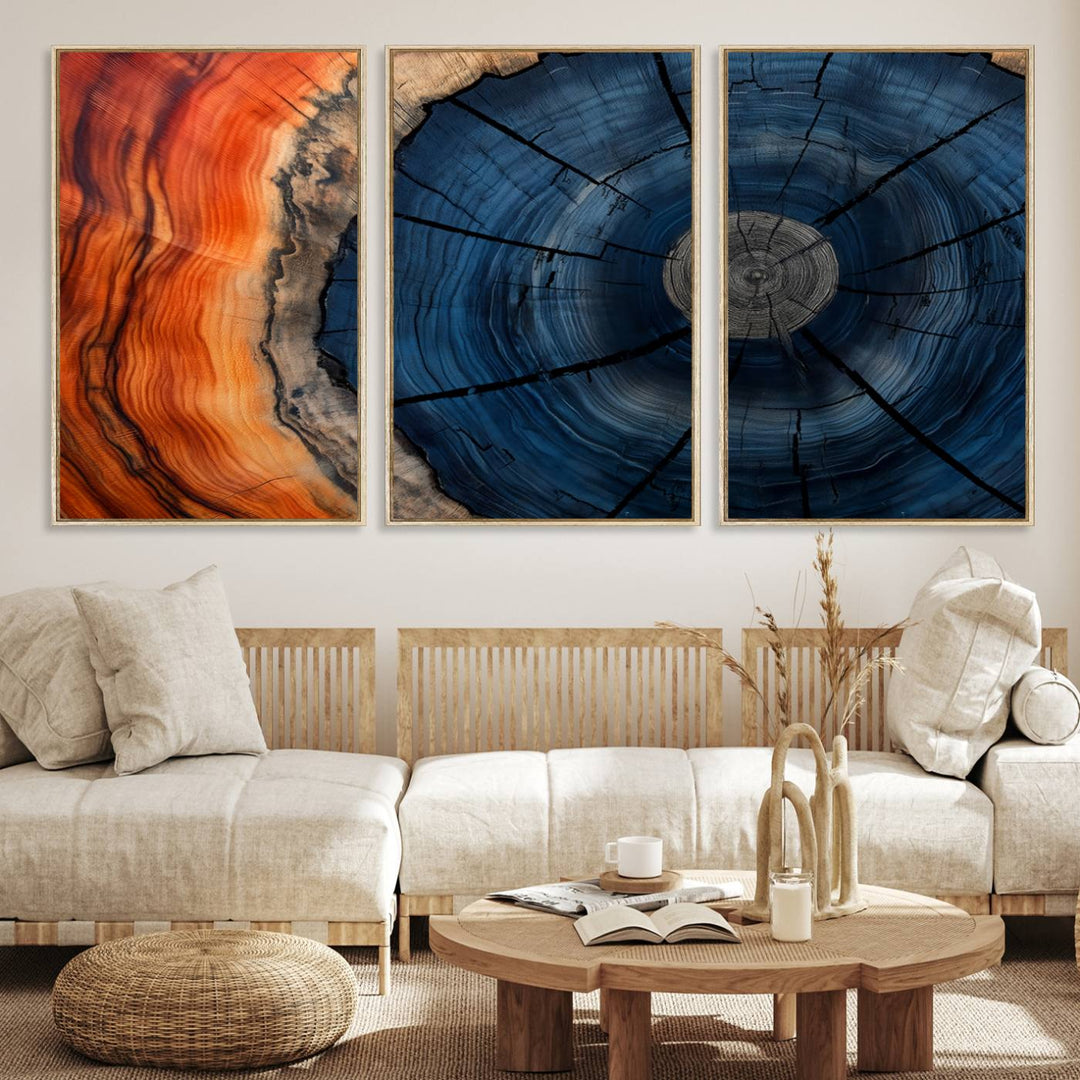 Abstract Tree Rings Canvas Print with vibrant colors—ideal farmhouse wall art for a woodland-themed home.