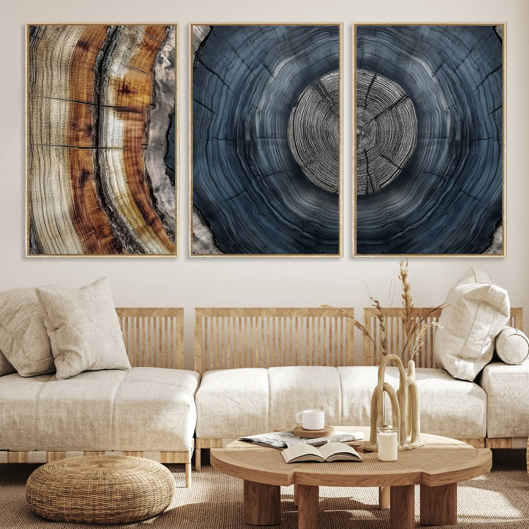 Close-up of the Abstract Tree Rings Wall Art Print featuring shades of blue, brown, and gray.