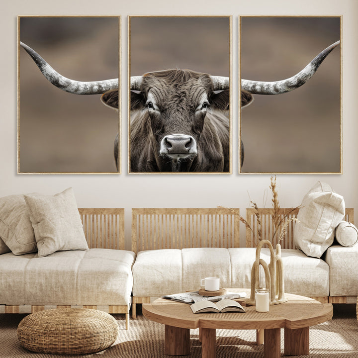 The Framed Texas Longhorn Bull Art Canvas Print adds timeless elegance to the serene setting.